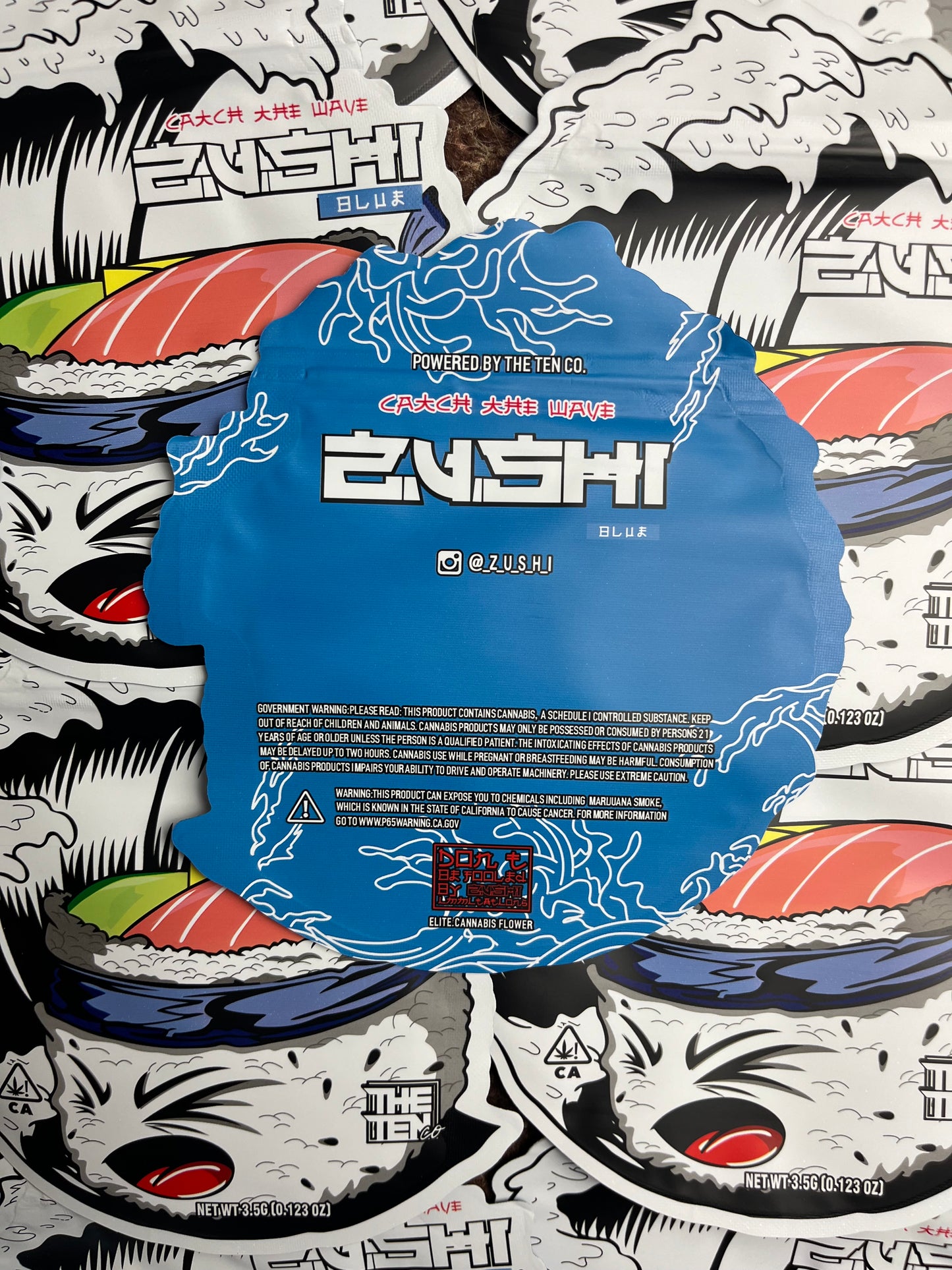 10x Newest Blue Zushi Cali Packs Resealable Plastic Mylar 3.5 Bag Unique Shape