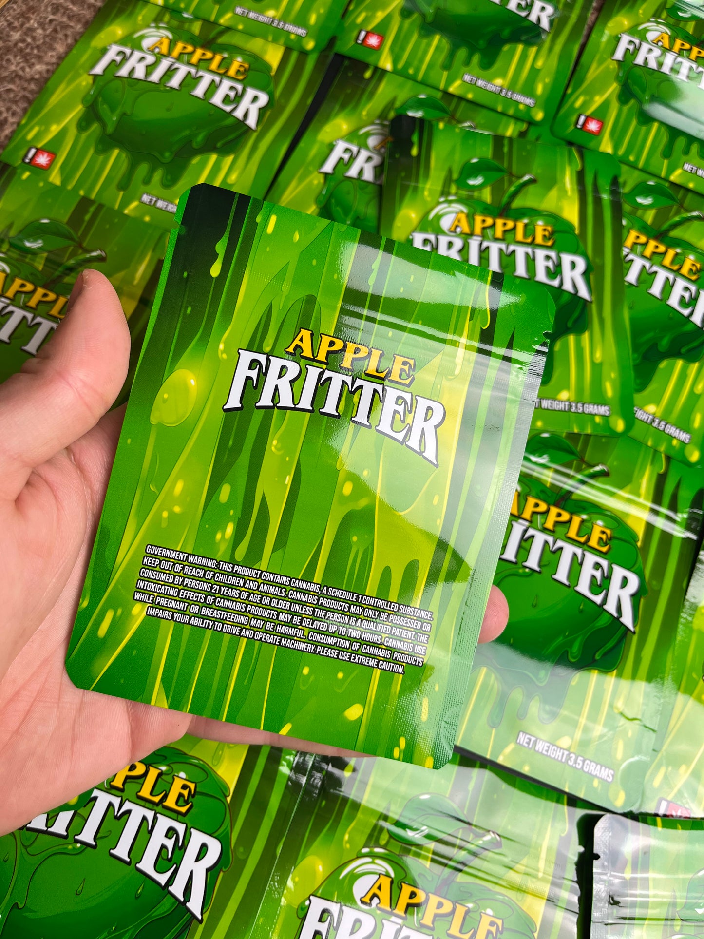 10 x Apple Fritter Packs Resealable Plastic Mylar 3.5 Bags Brand New Green